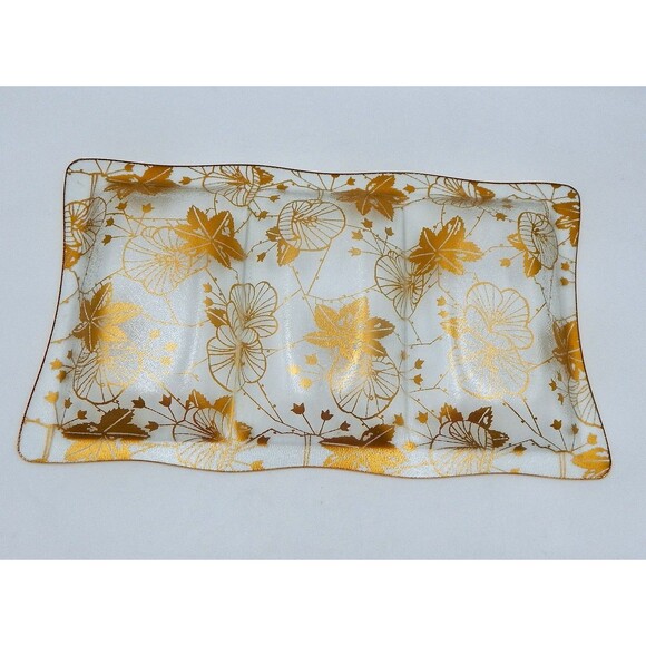 MCM Glass Divided Serving Tray Gold Leaf Graphic Hollywood Regency Unmarked - Picture 4 of 12